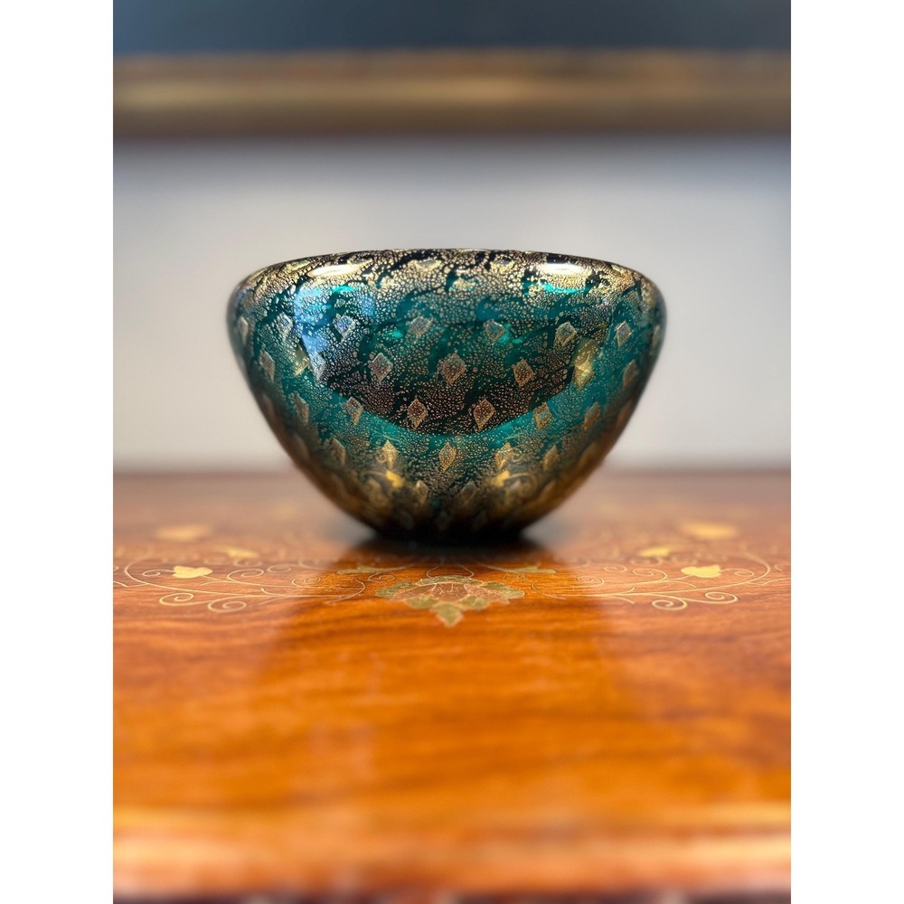 Signed Barbini Murano Art Glass Bowl Emerald Green Gold Aventurine Label 6"